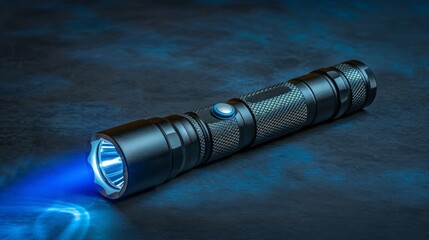 Canvas Print -  A tight shot of a flashlight casting a blue glow on a dark backdrop, with the beam emanating from its upper part