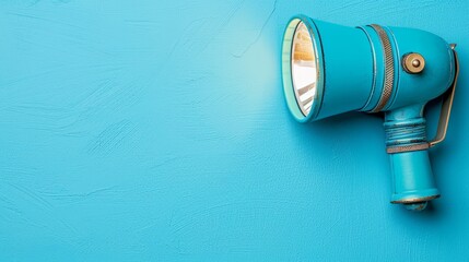 Poster -  A blue wall houses a blue lamp with a white bulb in its center