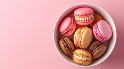 Canvas Print -  A white bowl holds pink macaroons atop a pink table Nearby, a steaming cup of coffee sits in wait