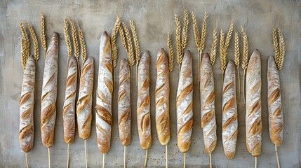  A table holds a row of loaves of bread; adjacent, another row