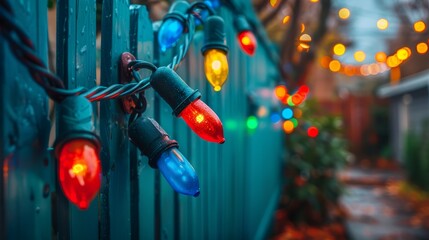 Wall Mural -  A fence adorned with Christmas lights features a collection of illuminated ornaments