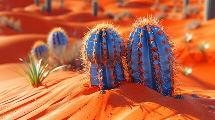 Poster -  A group of cacti sits in the midst of a desert, surrounded by copious amounts of sand, with other plants emerging from their summits