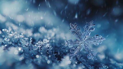 Poster -  A tight shot of a solitary snowflake against a lightly blurred backdrop of numerous snowflakes