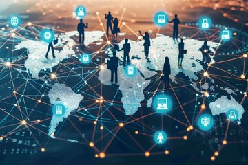 Poster - Futuristic global digital network with interconnected data, emphasizing technology, innovation, and communication in cyberspace, Generative AI
