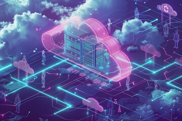 Fototapete - Futuristic digital cloud network with interconnected systems, showcasing technology, data innovation, and global communication, Generative AI