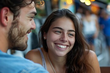 Wall Mural - A close-up of a smiling couple engaged in a joyful conversation at an outdoor setting