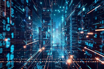 Poster - An elaborate cityscape full of digital lines and shapes with glowing lights and skyscrapers in a night setting