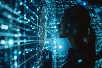Poster - A person is interacting with a sophisticated virtual reality interface with advanced graphics
