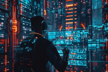 Leinwandbilder - Image depicting an individual with headphones examining cyber data panels in a futuristic setting