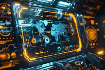 Leinwandbilder - A highly detailed image of a futuristic control dashboard with glowing elements and a worldwide data interface