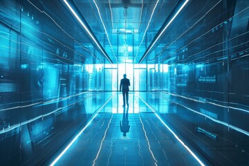 Poster - A person stands in a modern, futuristic corridor illuminated by blue lights, creating a mysterious atmosphere