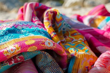 Wall Mural - A colorful beach towel perfect for lounging under the sun, featuring a lively pattern to brighten up your beach trip. The towel's vibrant hues evoke feelings of warmth and relaxation.