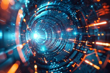 Aufkleber - A vibrant image depicting a futuristic tunnel filled with glowing lights and cybernetic details