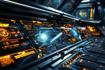 Aufkleber - A futuristic control panel displaying a holographic robot head amid high-tech elements