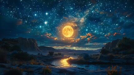 Poster - A beautiful full moon illuminates the night sky over a calm river flowing through a mountainous landscape.
