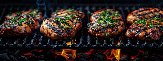 Wall Mural -  A tight shot of sizzling meat over a smoky grill, with plumes of steam rising from its surface