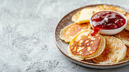 Wall Mural - Delicious Pikelets Served with Butter and Jam on a Plate - Tempting Breakfast Treat Stock Photo