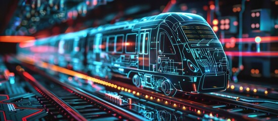 Futuristic circuit board with hologram train with glowing neon light. generative AI image
