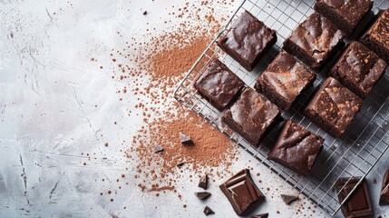 dark chocolate brownies cut into squares on a wire rack, with cocoa powder and other ingredients, styled in an influencer aesthetic, against a light concrete background.