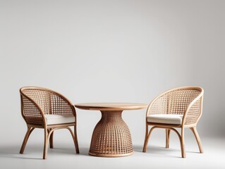 A wooden table and two wicker chairs are arranged in a room