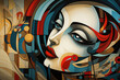 © hdesert - Abstract cubist artwork portrait featuring a woman's face. The composition includes shades of blue, red, and yellow, creating a visually striking and dynamic image