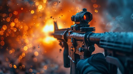 Soldier targeting with an illuminated optic sight on a rifle, reflecting precision and combat readiness at night