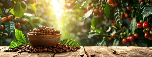  A bowl of coffee beans rests on a wooden table against a backdrop of green foliage and red berries