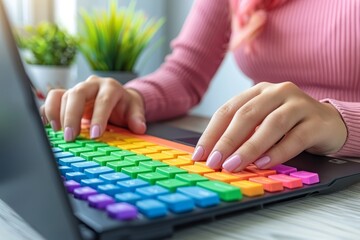 Fototapete - Female hands typing on a colorful rainbow keyboard laptop, showcasing vibrant technology and creative digital workspace, Generative AI