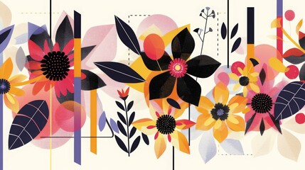 Fototapete - A vibrant, abstract design with colorful flowers and geometric shapes in red, yellow, orange, purple, blue, and black.