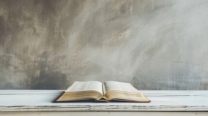 Wall Mural - an open book Bible resting on a table against an abstract background, with empty space around it. The old, gray cover of the Bible lies flat in the foreground, softly blurred.