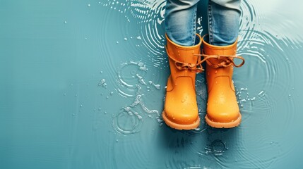 Child in rain boots with puddle on isolated blue background