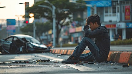 depressed man sitting on the road next to crushed car in the city street, car insurance concept.