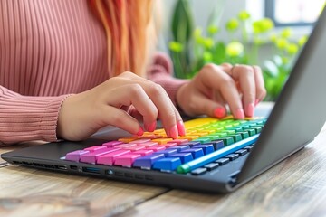 Fototapete - Female hands typing on a colorful rainbow keyboard laptop, showcasing vibrant technology and creative digital workspace, Generative AI