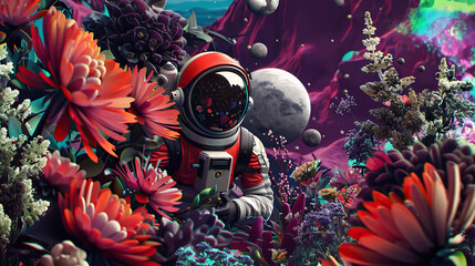 An astronaut with flowers