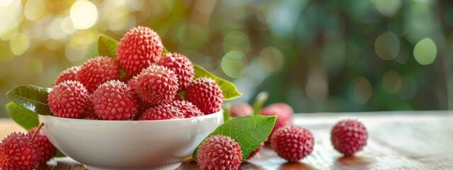  A white bowl brimming with red raspberries sits atop a weathered wooden table Nearby, a single green leaf unfurls