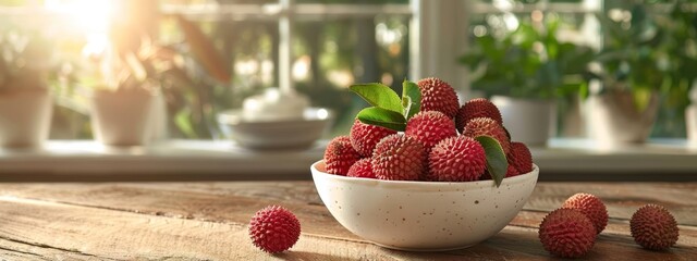  A white bowl brimming with raspberries sits atop a weathered wooden table Nearby, potted plants flourish Outside, a window frame frames the scene