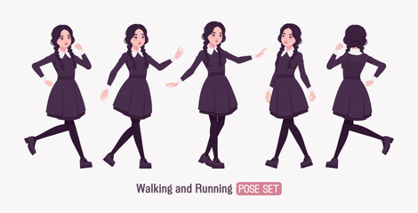 All black outfit pale girl, goth style long sleeved dress running pose, wearing Mary Jane shoes, two long pigtail braids, dark beauty charm costume, cool monochrome uniform look. Vector illustration