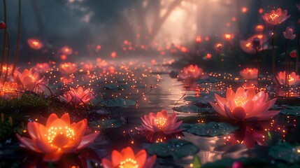 Aufkleber - A magical forest at dusk, with a stream flowing through a field of glowing lotus flowers.