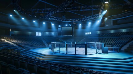 Wall Mural - 3D rendering of an MMA arena with empty stands, illuminated by dramatic lighting from a side view