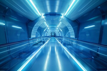 Aufkleber - This image captures a sleek, futuristic tunnel bathed in calming blue neon lighting, evoking a sense of innovation