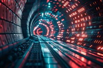 Poster - Perspective view of an industrial-style sci-fi corridor with bright red lights and metallic surfaces