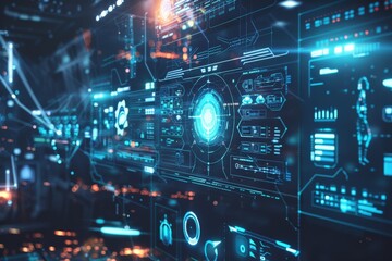 Leinwandbilder - A close-up of a complex, futuristic interface with holographic design elements and data visualizations