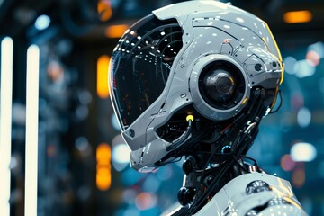 Aufkleber - Close-up shot of a sophisticated robotic head, focusing on its intricate design and hinting at advanced AI integration and technology