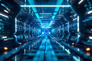 Aufkleber - A high-tech corridor with glowing neon tubes evoking a sci-fi spaceship or laboratory