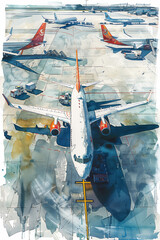 Wall Mural - Watercolor painting of a passenger plane in an airport parking lot.