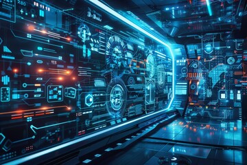 Leinwandbilder - A high-tech control room with futuristic holographic user interfaces, glowing with data