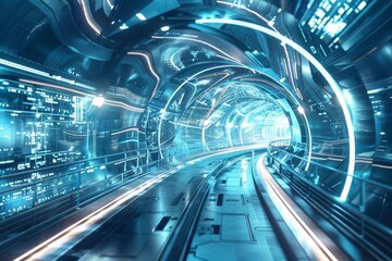 Aufkleber - The image shows an empty, glowing blue tunnel with sleek, modern design suggesting an advanced technological era
