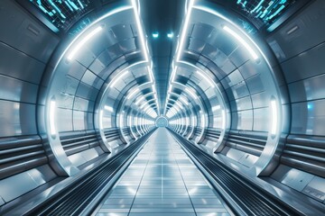 Poster - A sci-fi-inspired image depicting a futuristic circular tunnel brightly illuminated with blue lighting and modern design