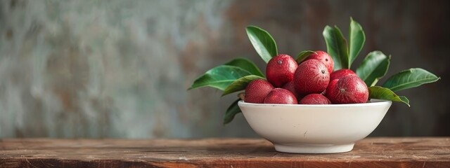 Wall Mural -  A white bowl holds red fruits It rests atop a weathered wooden table Nearby, a vibrant green plant with leafy foliage flourishes