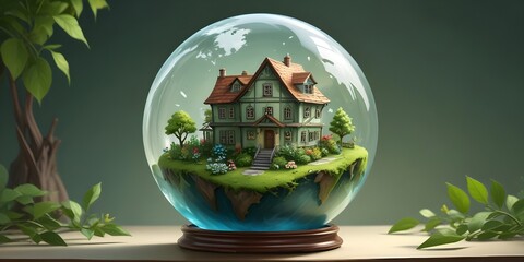 Wall Mural - A glass globe with a miniature landscape inside, including green leaves, flowers, and a small house or building. The globe represents the Earth and the natural environment.